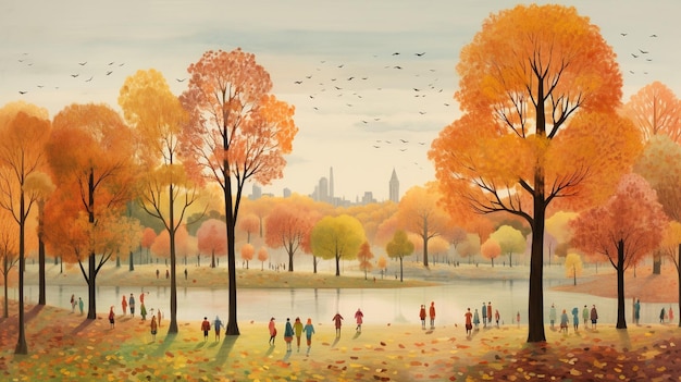 Paysage d'automne avec des gens qui se promènent dans un parc de la ville New York Central Park