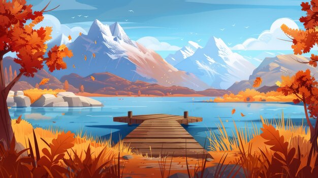 Paysage d'automne avec une jetée en bois au pied d'une montagne aux sommets enneigés Illustration moderne d'un paysage d'hiver avec des buissons et des arbres d'herbe orange et brun