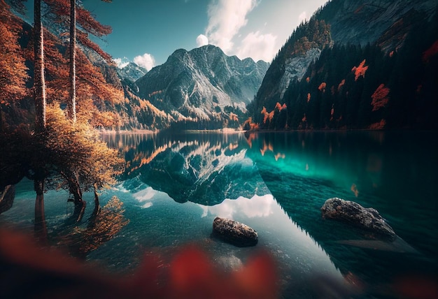 Paysage d'automne avec lac et montagnes en arrière-plan Lac dans les montagnes ai générative