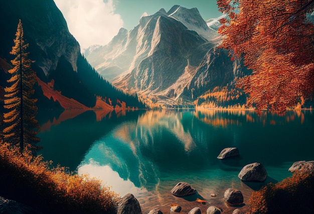 Paysage d'automne avec lac et montagnes en arrière-plan Lac dans les montagnes ai générative