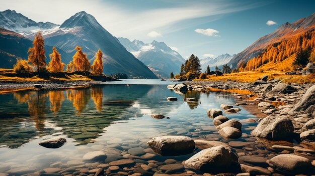 Photo paysage d'automne avec lac et montagnes