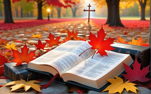 Photo paysage d'automne avec des lumières vives feuilles tombées feuilles d'érable rouges et la sainte croix de jésus-christ