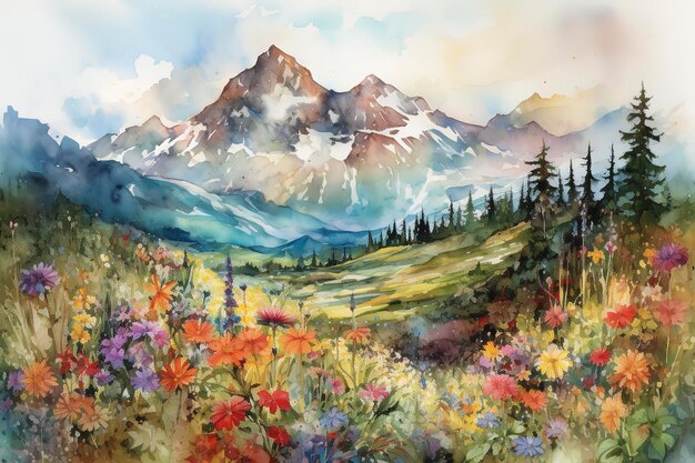 Paysage d'automne de montagne aquarelle avec de la neige sur les sommets Generative AI