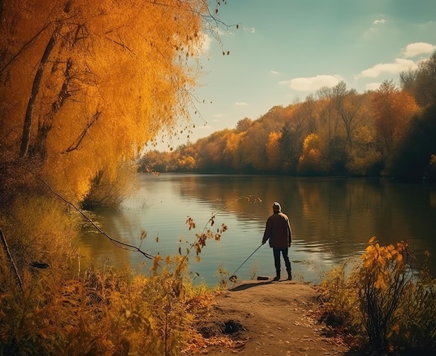 Paysage d'automne un pêcheur pêche sur la rivière