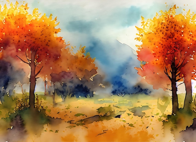 Paysage d'automne peint avec des aquarelles sur papier texturé Peinture à l'aquarelle numérique