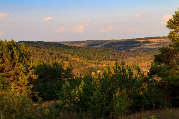 Paysage d'automne pittoresque avec ciel bleu et arbres d'automne colorés sur les collines de montagne