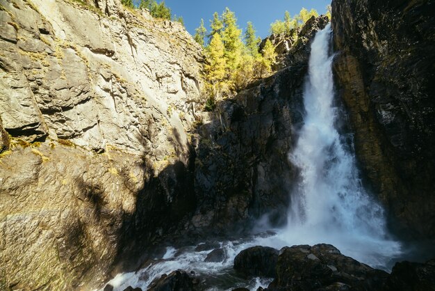 Paysage d'automne pittoresque avec une grande cascade verticale et des arbres jaunes au sommet de la montagne au soleil. Grande cascade puissante dans la gorge rocheuse. Hautes chutes d'eau et arbres aux couleurs dorées à l'automne.