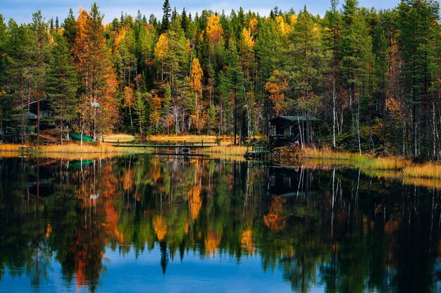 Paysage d'automne reflet des couleurs d'automne dans le lac bleu en Finlande