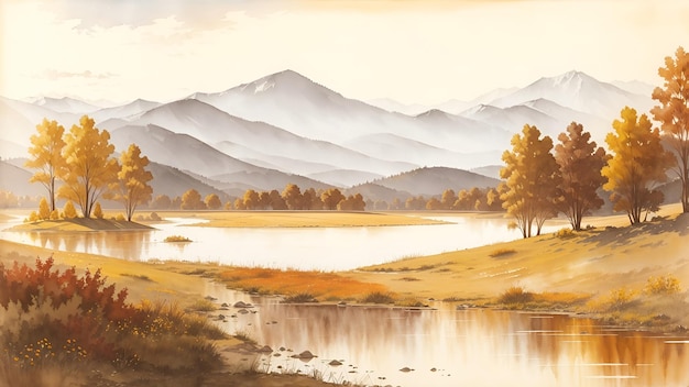 Paysage d'automne avec une rivière dans la plaine et des montagnes au loin dans le style de la peinture à l'aquarelle avec une prédominance de génération d'IA de couleur sépia