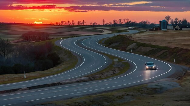 Le paysage d'une autoroute à la campagne au coucher du soleil