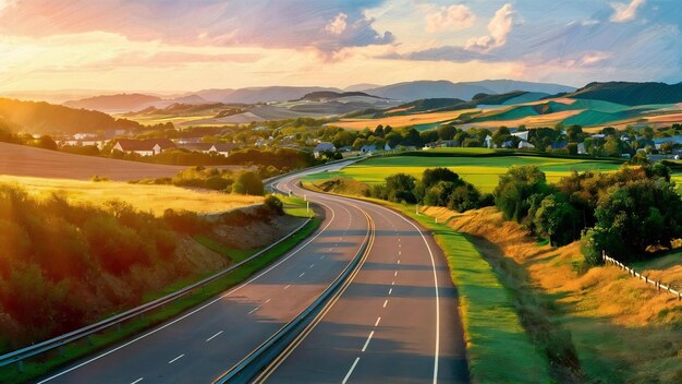 Le paysage d'une autoroute à la campagne au coucher du soleil
