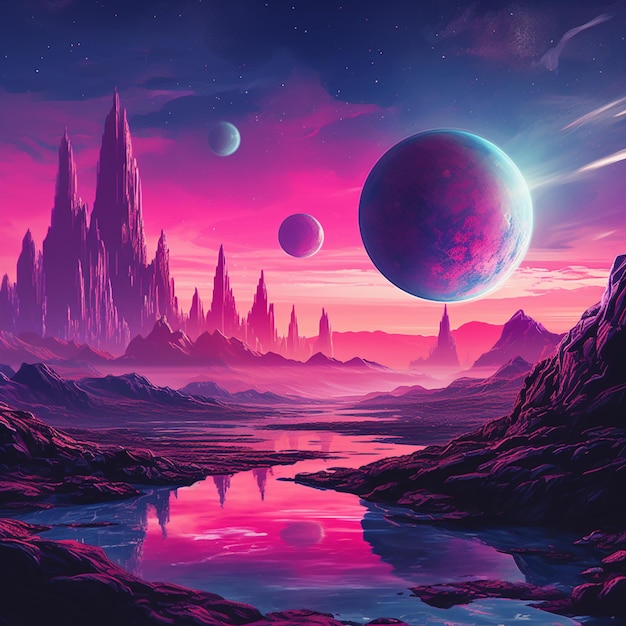 un paysage aux couleurs vives avec une rivière et des planètes au loin