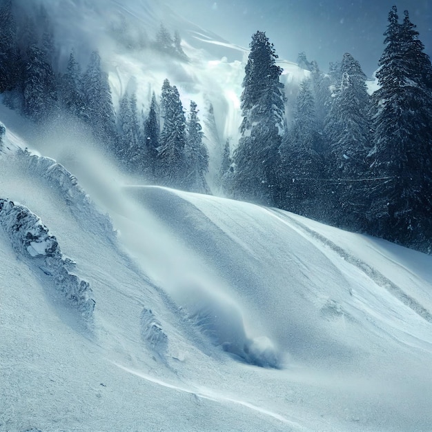 Paysage d'avalanche de neige glissement de neige épique dans la forêt enneigée d'hiver