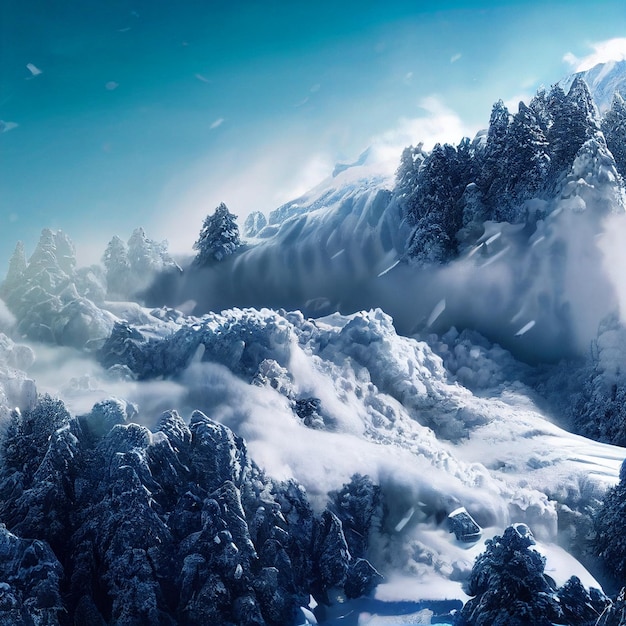 Paysage d'avalanche de neige glissement de neige épique dans la forêt enneigée d'hiver