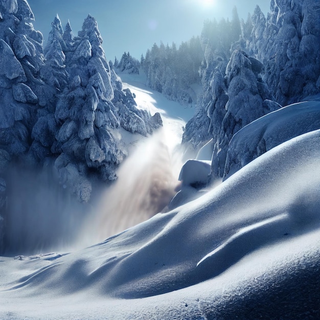 Paysage d'avalanche de neige glissement de neige épique dans la forêt enneigée d'hiver