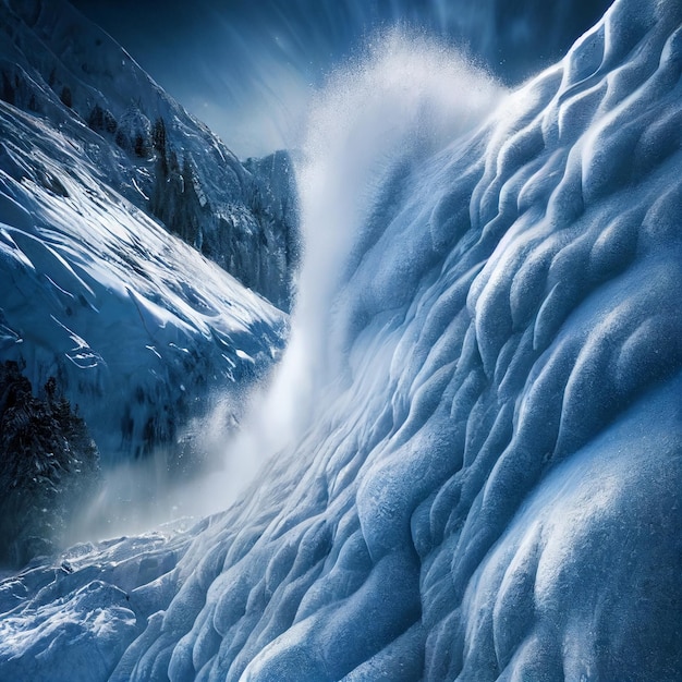 Paysage d'avalanche de neige glissement de neige épique dans la forêt enneigée d'hiver