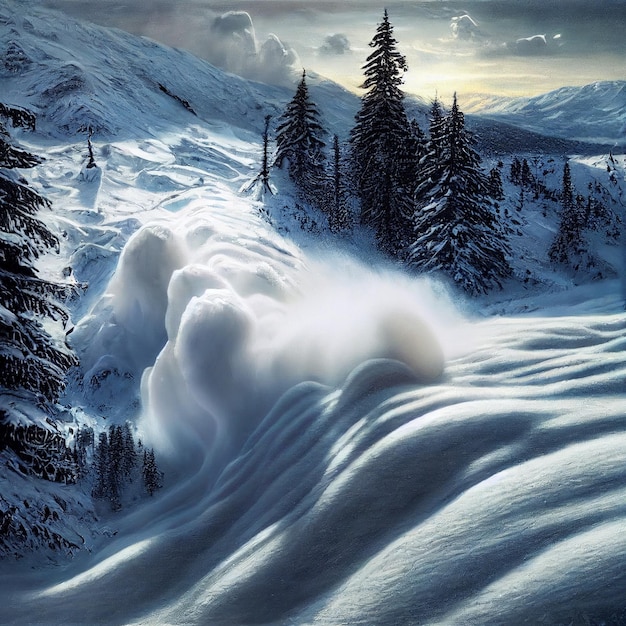 Paysage d'avalanche de neige glissement de neige épique dans la forêt enneigée d'hiver