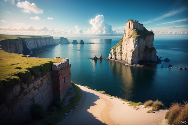 Un paysage d'une baie avec un château au loin