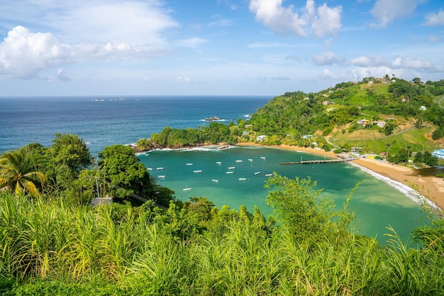 Un paysage de la baie de Parlatuvier entouré de la mer sous la lumière du soleil à Trinité-et-Tobago