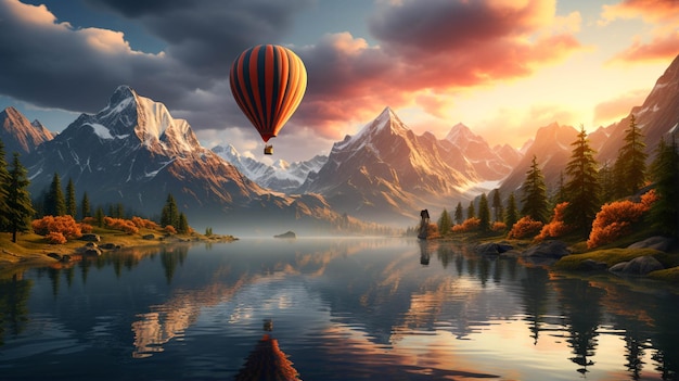 Paysage de ballon à air chaud au coucher du soleil