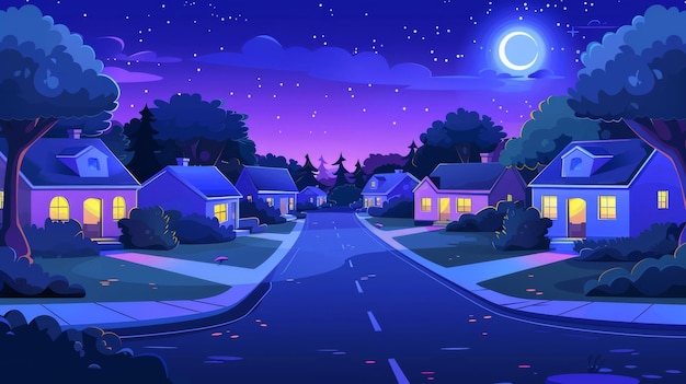 Paysage de banlieue sombre avec des maisons en rangées, des arbres et des cours, des routes et des allées la nuit au clair de lune. Scène de ville moderne de dessin animé avec des cottages de quartier modernes.