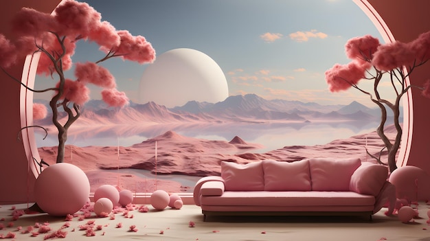 Paysage de barbie rose dans le monde de la planète rose avec un arbre de rêve dans le style du monde futuriste