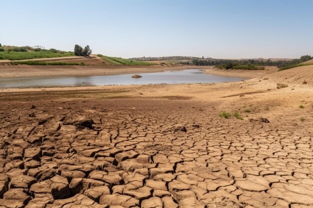 Paysage de basses eaux et de terres sèches à l'avance une grave sécheresse dans le réservoir