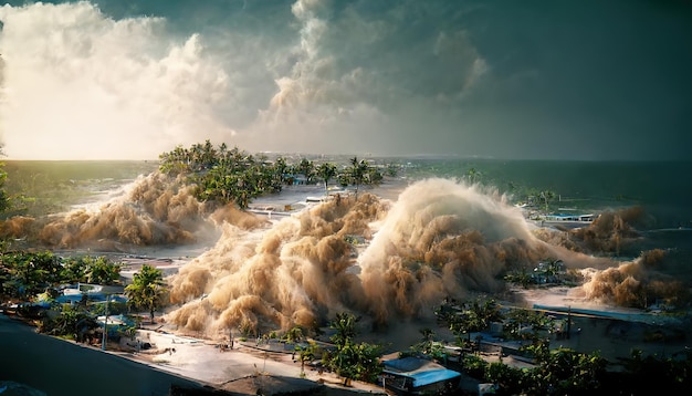 Paysage avec des bâtiments de la côte de l'océan et une vague de tsunami de palmiers