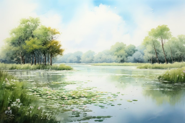 paysage beau étang entouré d'une verdure luxuriante reflets du ciel et des arbres surface d'eau calme transmettant un sentiment de paix et de sérénité illustration peinture à l'aquarelle sur papier texturé