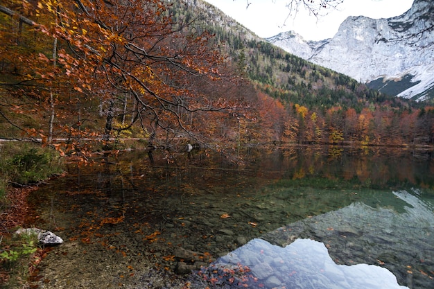 Paysage avec un beau lac de montagne avec reflet. automne