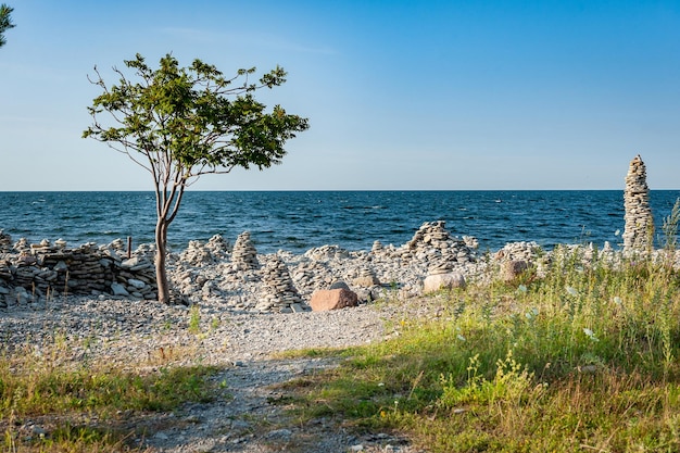 Paysage avec de beaux tas de pierres blanches au bord de la mer ces objets ont été construits par des voyageurs