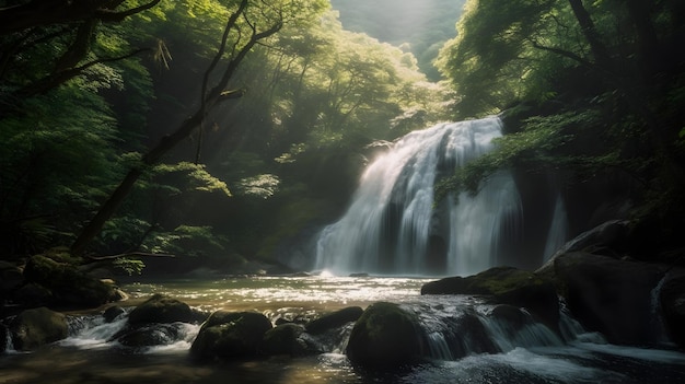 Paysage d'une belle cascade brumeuse cachée dans la jungle profonde et l'ombrage du débit de la rivière entre le grand arbre à la nature