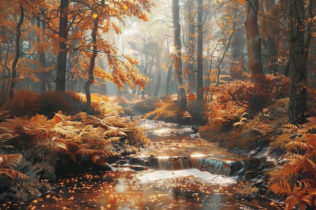 Paysage Belle fantaisie Forêt avec ruisseau dans une idée d'affiche murale d'automne dorée