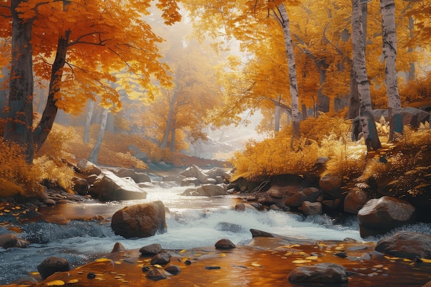 Paysage Belle fantaisie Forêt avec ruisseau dans une idée d'affiche murale d'automne dorée