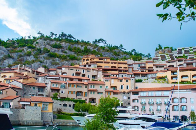 Paysage avec de belles maisons sur la montagne