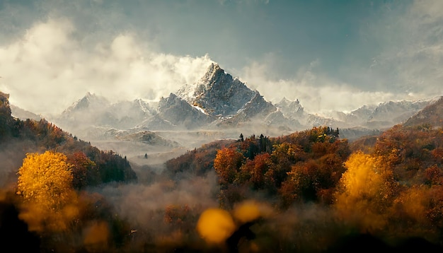 Paysage de belles montagnes brumeuses d'automne Arbres jaunes sur la colline aux couleurs de l'automne