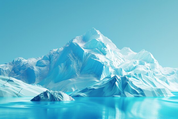 Un paysage bleu et blanc avec des montagnes et un plan d'eau