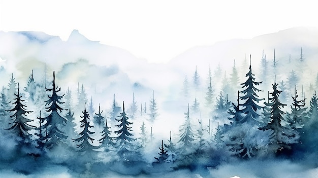 Paysage bleu de la colline d'hiver de la forêt brumeuse nature sauvage congelé fond aquarelle taïga brumeuse