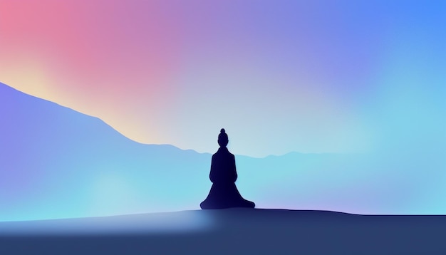 Un paysage bleu et violet avec une silhouette de bouddha au premier plan.