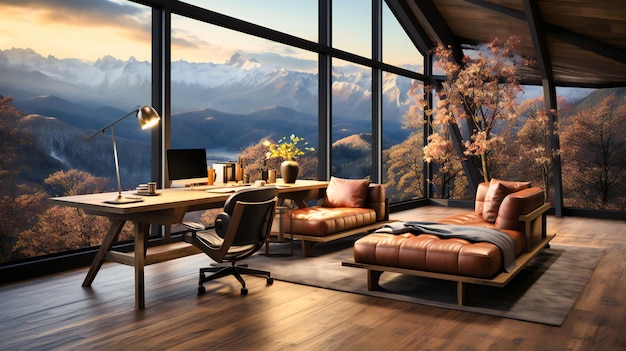 Paysage de bois et de montagne dans un décor de bureau