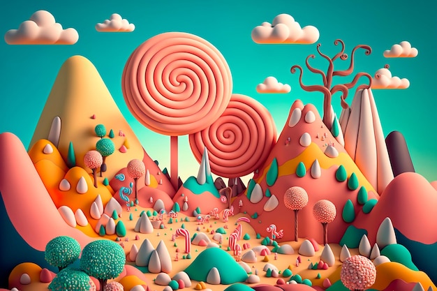 Paysage de bonbons colorés fantastique AI générative