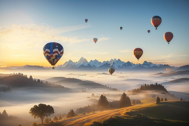 paysage de brouillard matinal et de montagnes avec des montgolfières au lever du soleil