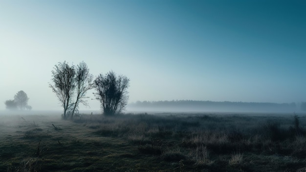 Un paysage brumeux avec des arbres au premier plan et un ciel bleu