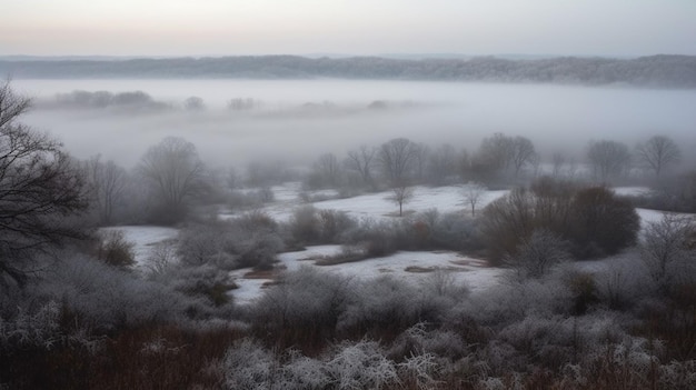 Un paysage brumeux avec un champ et des arbres couverts de givre.