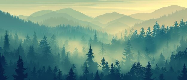 Paysage brumeux avec une forêt de sapins dans un style rétro vintage