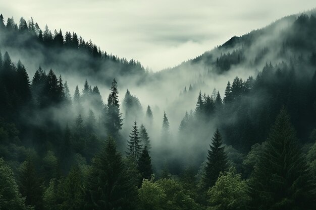 Paysage brumeux avec forêt de sapins