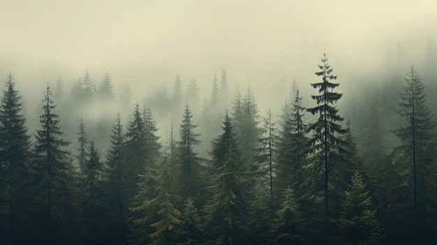 paysage brumeux mettant en vedette une forêt de sapins capturé dans la photographie de style rétro vintage où la brume douce enveloppe les arbres et confère une qualité intemporelle à la scène