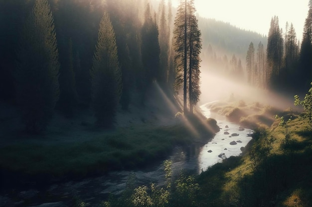 Paysage brumeux avec pinède et montagnes au coucher du soleil