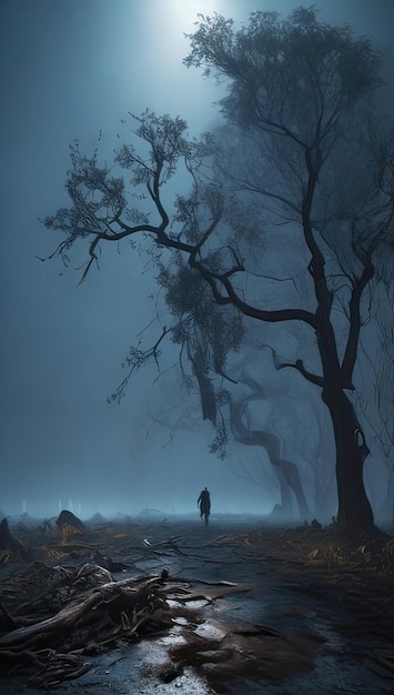 Paysage brumeux avec une silhouette d'un homme dans une forêt sombre