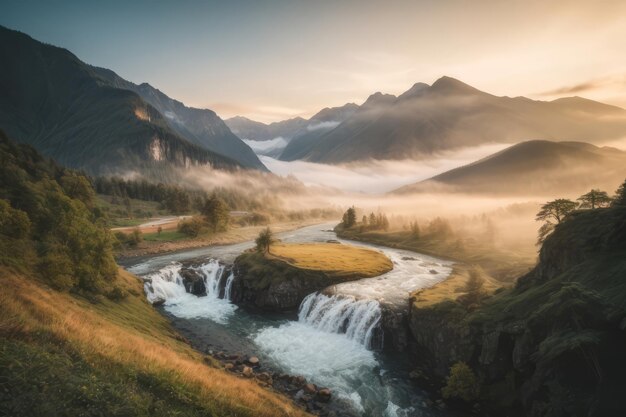 Paysage calme de sérénité du matin brumeux avec chaîne de montagnes et rivière au lever du soleil